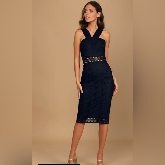 Cocktail Ready Navy Blue Crochet Lace Midi Dress - Picture 2 of 2